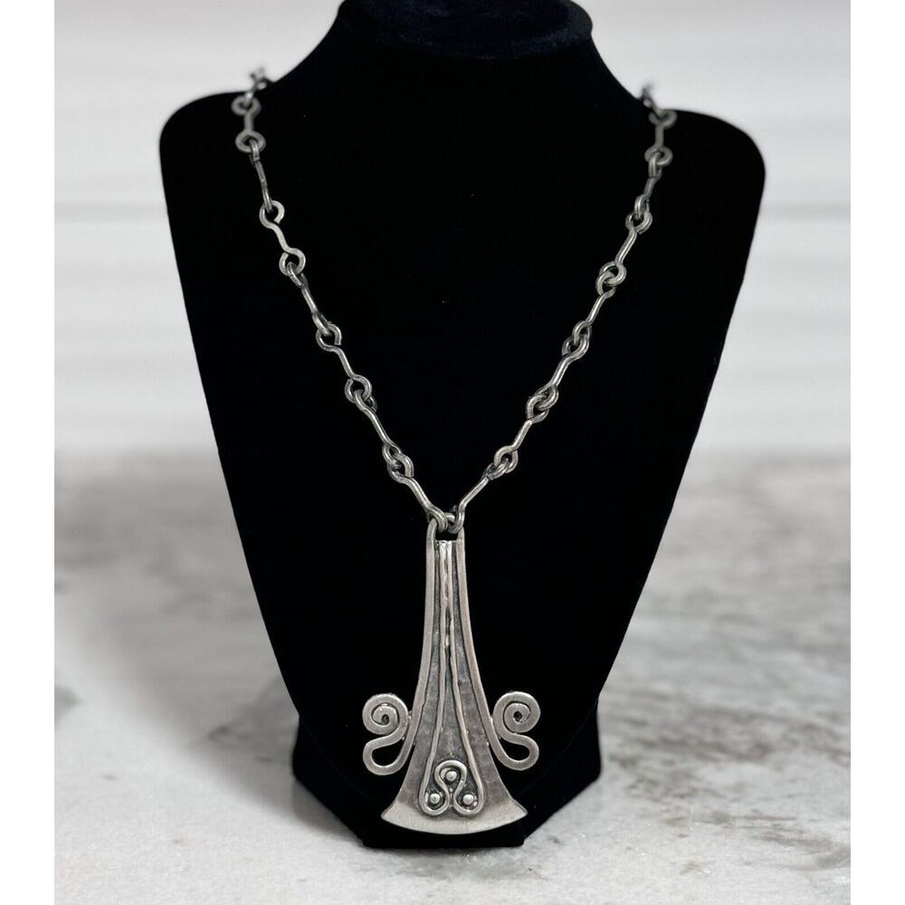 Vintage MCM Denmark Lysgard Pewter Long Brutalist Pendant Necklace 21in